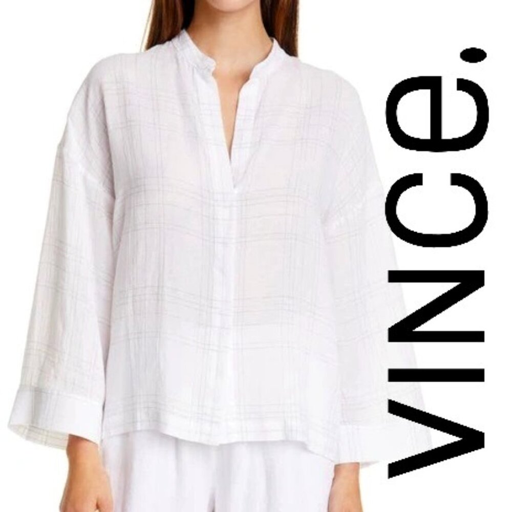 New Vince White Linen blend Long Sleeve  Blouse Shirt